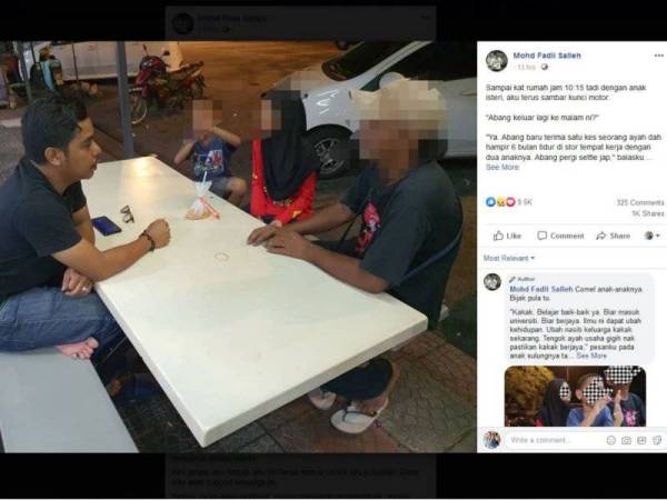 Paparan Facebook Mohd Fadli tular di laman sosial ekoran perkongsian kisah bapa tunggal bersama dua anaknya berteduh di sebuah stor di sini.