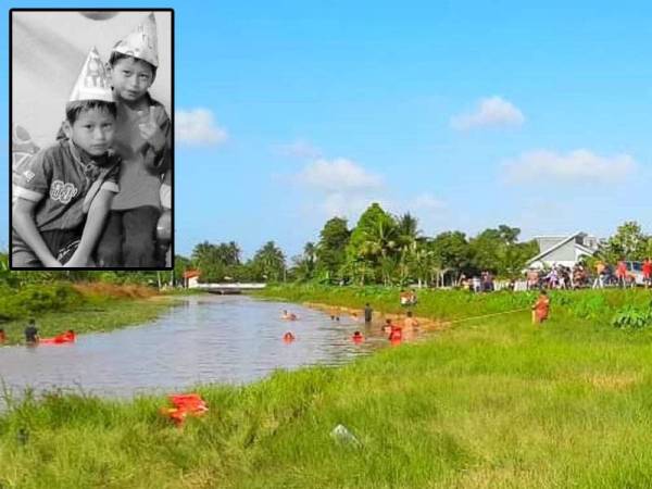 Lokasi Muhammad Harith Darwish ditemui lemas selepas bermain air bersama kembarnya dan dua lagi rakan sebaya. Gambar kecil: Muhammad Harith Darwish (kiri) bersama kembarnya, Muhammad Harraz Irfan.