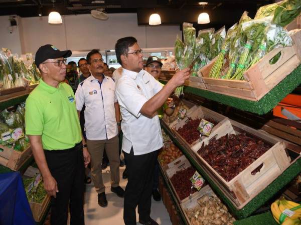 Saifuddin melihat sayur-sayuran yang dijual selepas merasmikan Pasar Raya Desa Segar di Savanna Lifestyle Retail, Southville City hari ini. Foto: Bernama