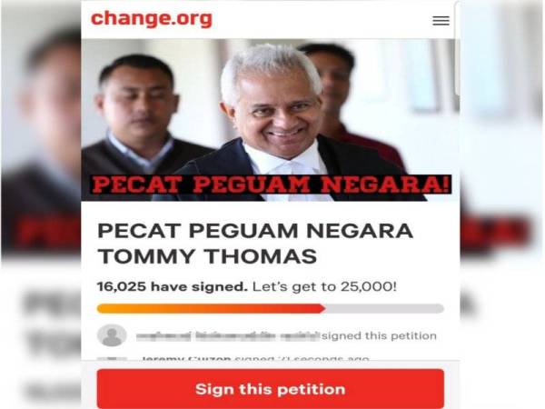 Tangkap layar petisyen dalam talian mendesak Tommy dipecat yang dilancarkan di change.org sejak semalam.