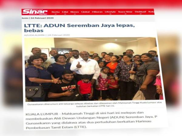 Terdahulu di mahkamah berasingan di sini, mahkamah turut melepas dan membebaskan ADUN Seremban Jaya, P Gunasekaraa daripada dua pertuduhan berkaitan LTTE.