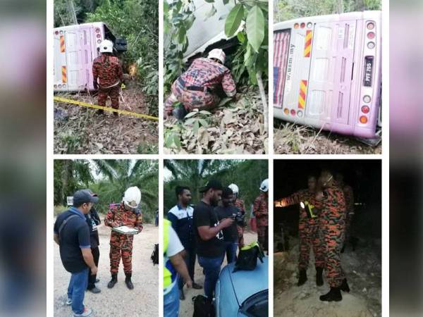 Bas membawa 31 pelajar USM terbabas di Kuala Mu, Sungai Siput petang semalam.