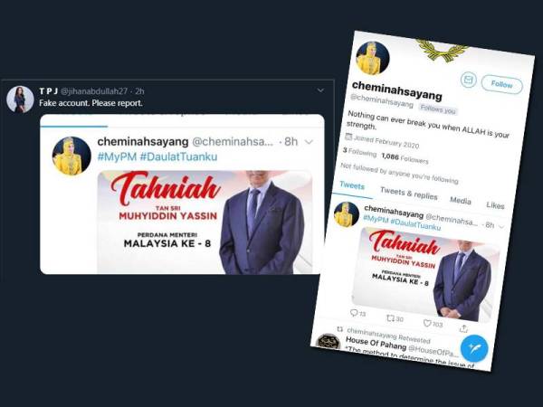 Tengku Jihan memberitahu Twitter @cheminahsayang adalah palsu. Gambar kanan: Akaun Twitter @cheminahsayang adalah palsu.