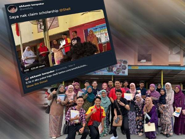 Muhammad Amir (depan, dua dari kiri) bersama rakan-rakannya di SMK Puchong Perdana ketika mengambil keputusan SPM semalam. Twitter Muhammad Amir tular di laman sosial.