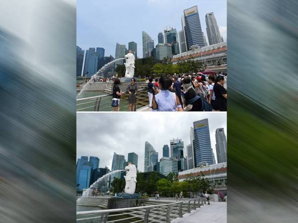 Gambar keadaan di Merlion Park sebelum dan selepas ancaman Covid-19 semakin meningkat di Singapura. - Foto AFP