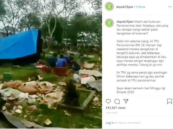 Paparan Instagram Depok24jam memuat naik rakaman video memaparkan beberapa individu sedang mendengar lagu dangdut di tanah perkuburan.