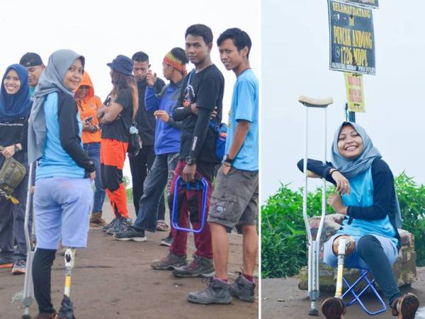 Arrohma berada di puncak gunung Andong. - Foto: Instagram Arrohma. Gambar kanan: Arrohma gembira tiba di gunung Andong. - Foto: Instagram Arrohma