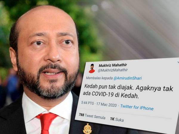 Mukhriz membuat ciapan di Twitter sebagai membalas ciapan Menteri Besar Selangor, Amiruddin Shari hari ini.