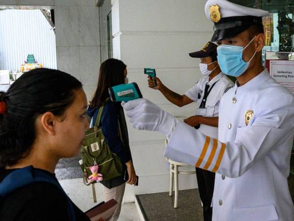 Pegawai keselamatan memeriksa suhu badan orang ramai sebelum masuk ke sebuah bangunan di di Bangkok, Thailand. - Foto AFP