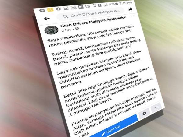 Status yang dimuatnaik oleh Arif Asyraf di Facebook Grab Drivers Malaysian Association.