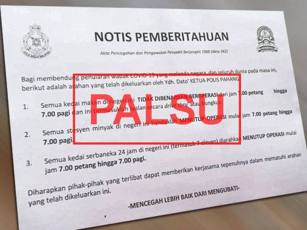 Polis Pahang Nafi Keluar Arahan Tutup Premis Bermula 7 Malam Di Raub