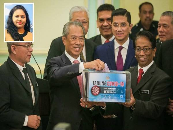 Tabung Covid-19 yang dilancarkan sendiri oleh Perdana Menteri, Tan Sri Muhyiddin Yassin baru-baru ini. Gambar kecil: Jagatheswary Narayanan