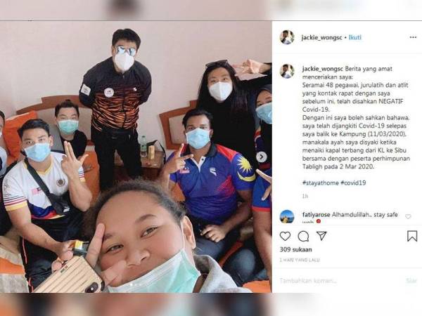 Paparan Instagram Jackie Wong yang memaklumkan berita gembira tersebut.