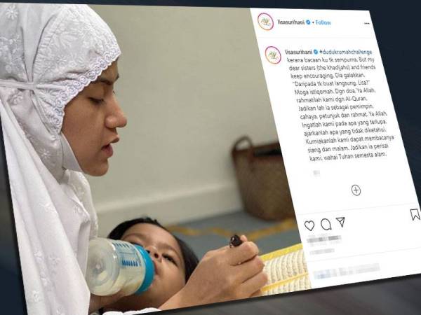 Lisa Surihani memuat naik fotonya membaca al-Quran sambil meriba anak lelakinya. - FOTO: INSTAGRAM LISA SURIHANI