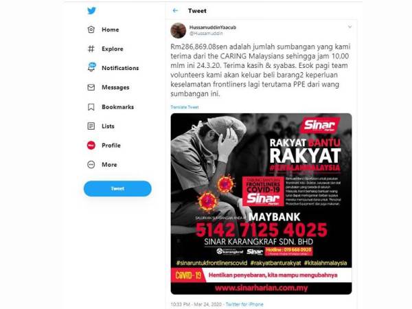 Sinar Harian menerusi Tabung Bantuan Frontliners Covid-19 (CovidSinar) berjaya mengumpul sumbangan berjumlah RM286,869.08 malam tadi dan ia terus bertambah pagi ini.