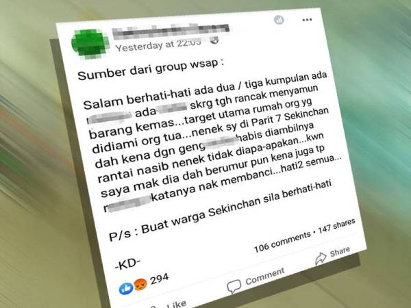 Status berhubung kegiatan samun dilakukan pihak tidak bertanggungjawab yang dimuat naik di Facebook.