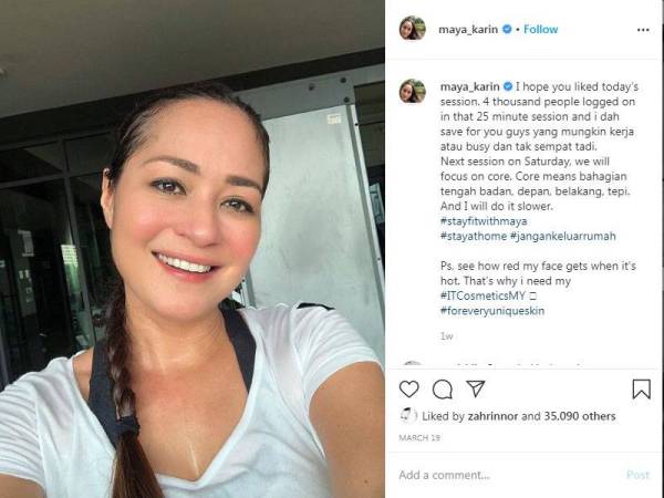 Maya Karin menggunakan Instagramnya untuk siaran langsung sesi senaman bersama peminat beliau baru-baru ini bagi mengisi masa terluang di rumah. FOTO: INSTAGRAM MAYA KARIN