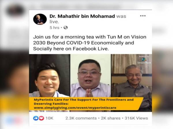 Temu bual Sesi Teh Pagi bersama Mahathir yang disiarkan secara langsung di Facebook hari ini