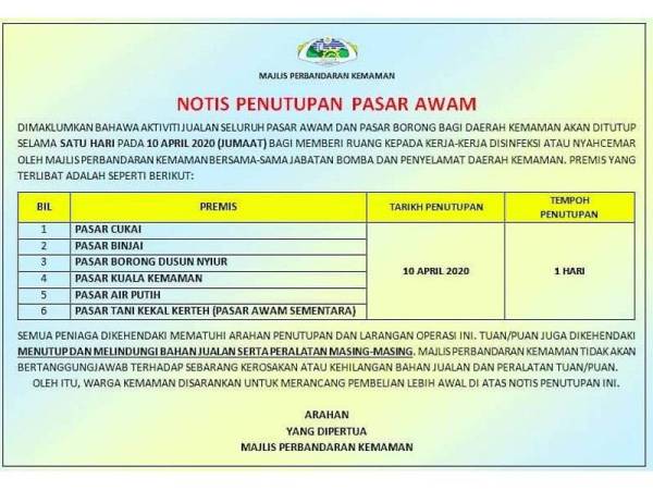 Enam Pasar Awam Diarah Henti Operasi Jumaat Ini Mpk