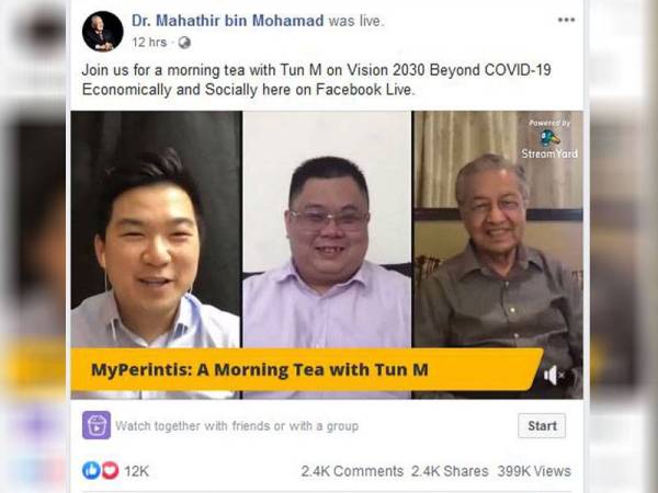 Temu bual khas ‘MyPerintis: A Morning Tea with Tun Mahathir’ yang disiarkan secara langsung menerusi media sosial.