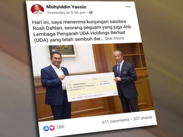 Muhyiddin menerima sumbangan berjumlah RM150,000 daripada Rosli, yang juga Pemegang Amanah Yayasan NAMA.