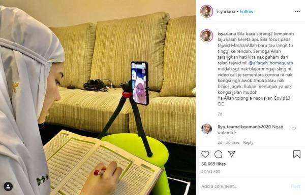 Isyariana menluangkan masa sepanjang PKP dengan memperbaiki tajwid. Foto: Instagram Isyariana