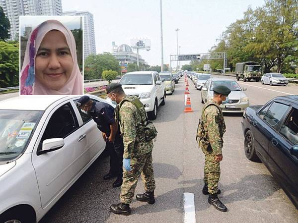 Anggota tentera membantu pihak polis ketika mengadakan sekatan jalan raya bagi memastikan rakyat mematuhi Perintah Kawalan Pergerakan. Gambar kecil: Haliza Abdul Rahman