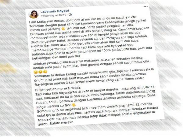 Perkongsian Lavennia Gayatri d Facebook miliknya.