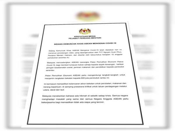 Kenyataan yang dikeluarkan Pejabat Perdana Menteri hari ini berhubingan cadangan agar ASEAN merangka Pelan Pemulihan Ekonomi Pasca Covid-19. 