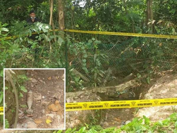 Lokasi dua bom mortar yang ditemui oleh seorang pekerja kilang di Pulau Sebang di sini hari ini.