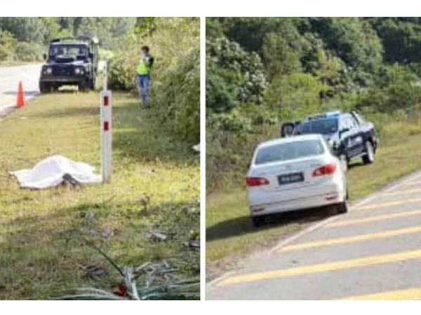 Penemuan satu mayat dan sebuah kereta Nissan Shlpy di Kilometer 51 Jalan Jemaluang-Kahang di sini hari ini. -FOTO: IHSAN PEMBACA