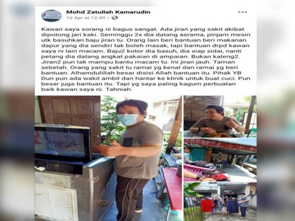 Mohd Zatullah berkongsi usaha murni Mohd Shafiq di laman Facebooknya. 