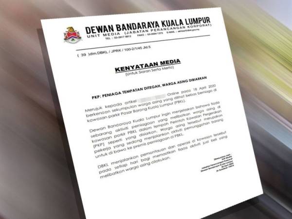 DBKL menafikan laporan akhbar yang mendakwa PBT itu membiarkan sekumpulan warga asing bebas berniaga di kawasan parkir Pasar Borong Kuala Lumpur (PBKL) sepanjang tempoh PKP.