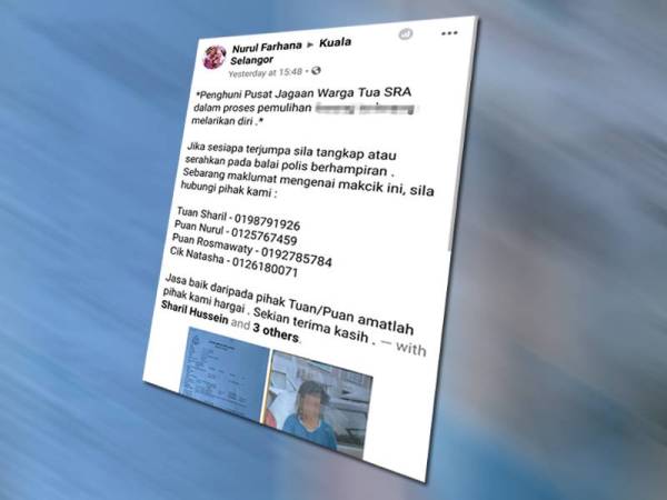 Nurul Farhana memuat naik status meminta orang ramai mengesan Mariani yang dilaporkan hilang di pusat perlindungan berkenaan.