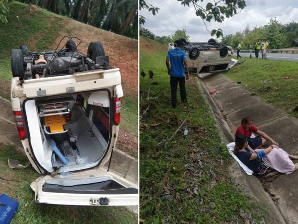 Keadaan ambulan yang terbabas ketika melalui Kilometer 87.7 Lebuhraya Utara Selatan dipercayai berpunca akibat tayar pecah.