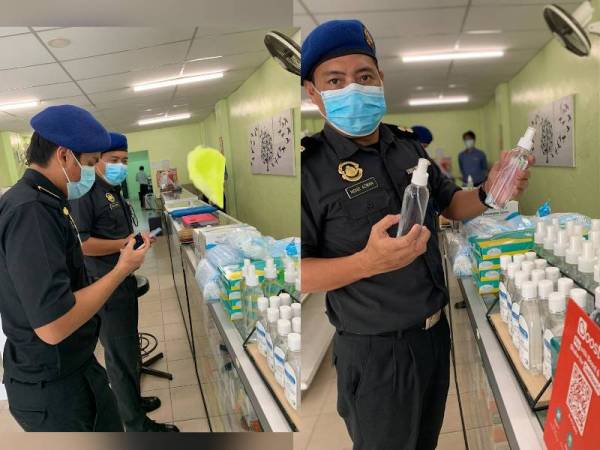 Pegawai KPDNHEP menjalankan pemeriksaan khas PKPB mendapati hand sanitizer yang dijual sebuah farmasi tidak diletakkan tanda harga.- Foto Ihsan KPDNHEP