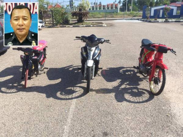 Tiga buah motosikal 'sprint test' antara 19 buah motosikal yang disita dalam tiga operasi berasingan di sekitar daerah Marang di sini semalam - Foto Ihsan IPD Marang Gambar kecil: Mohd Zain Mat Dris