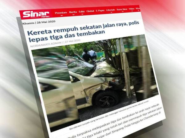 Sinar Harian semalam melaporkan suspek merempuh sekatan jalan raya menyebabkan polis melepaskan tiga das tembakan.