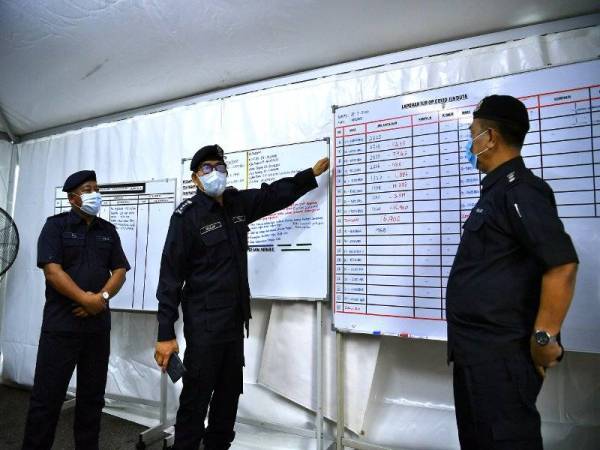 Mazlan (tengah) menunjukkan jumlah kenderaan yang memasuki ibu kota ketika membuat lawatan di sekatan jalan raya di Plaza Tol Duta menghala Kuala Lumpur hari ini. - Foto Bernama