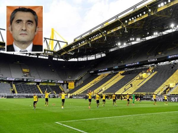 Perlawanan Borussia Dortmund menentang Schalke yang berlangsung tanpa penonton di Signal Idura Park dalam saingan Bundesliga pada 17 Mei lalu. Gambar kecil: Ernesto Valverde