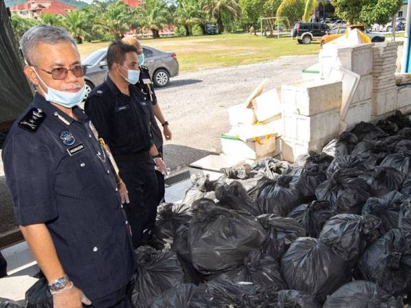 Hasanuddin (kiri) melihat dua tan atau 2,000 kg daun ketum di dalam plastik hitam yang dibawa bersama lori berisi muatan ikan dari Gerik menuju ke Jeli. - Foto Ihsan polis