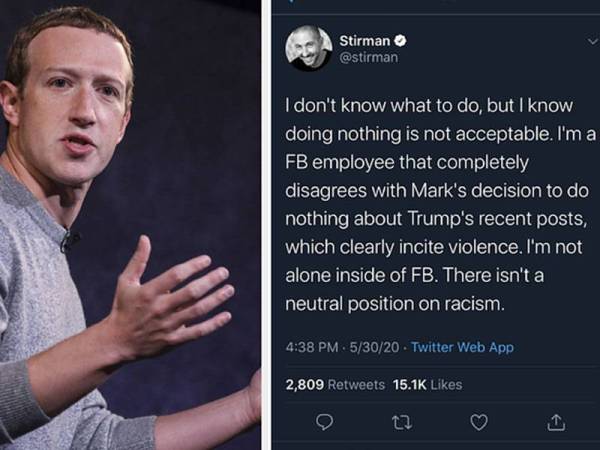 Salah seorang kakitangan Facebook menyuarakan rasa tidak puas hati terhadap Zuckerberg menerusi Twitter. - Foto Agensi