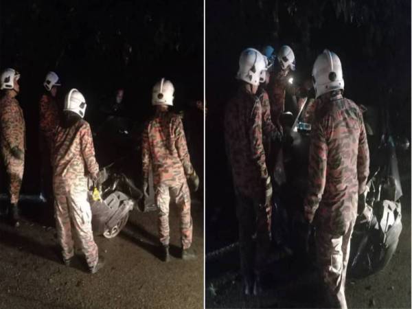 Anggota bomba mengeluarkan seorang lelaki yang terperangkap di tempat duduk selepas kereta dipandunya terbabas akibat cuba mengelak seekor anjing liar yang melintas di Jalan Seelong Senai, Kulai malam tadi.