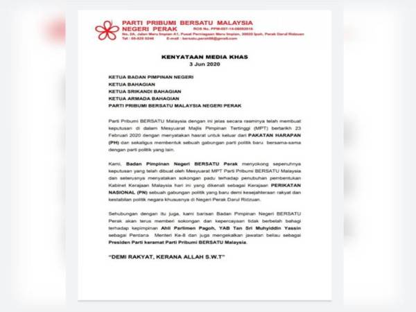 Kenyataan rasmi dikeluarkan Bersatu Perak.