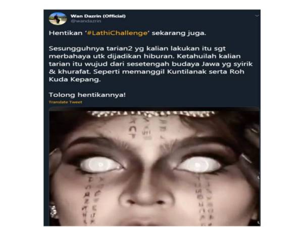 Paparan Twitter Dai Wan berkaitan cabaran #LathiChallenge yang menjadi ikutan sesetengah masyarakat.