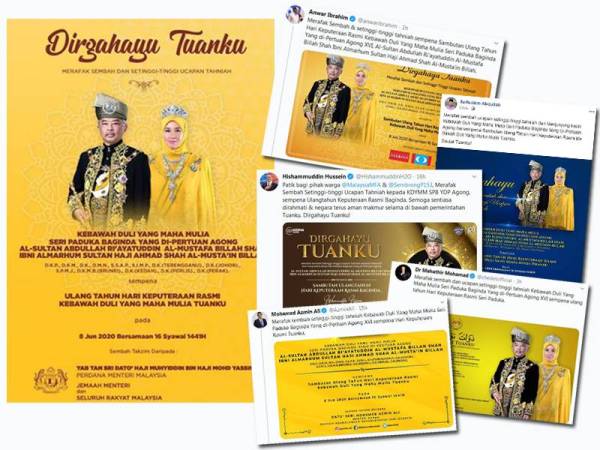 Pemimpin kerajaan dan ahli politik merafak sembah dan mengucapkan setinggi-tinggi tahniah kepada Yang di-Pertuan Agong, Al-Sultan Abdullah Ri’ayatuddin Al-Mustafa Billah Shah sempena Sambutan Ulang Tahun Hari Keputeraan Rasmi Seri Paduka, hari ini.