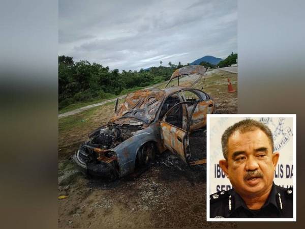 Keadaan kereta wanita tersebut yang dibakar dalam kejadian awal pagi Jumaat lalu. (Gambar kecil: Noorzainy Mohd Noor)