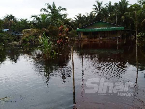 Rumah penduduk di Kampung Sri Gambut Pekan Nanas Pontian yang masih ditenggelami banjir hari ini.