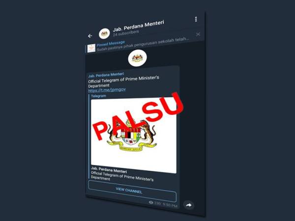 Paparan akaun Telegram menggunakan nama Jab. Perdana Menteri yang disahkan palsu.