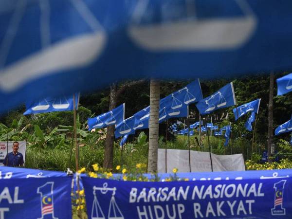 Bendera BN mula memenuhi kawasan Bandar Dara Chini ketika kempen bagi Pilihan Raya Kecil (PRK) Dewan Undangan Negeri (DUN) Chini. - Foto Bernama